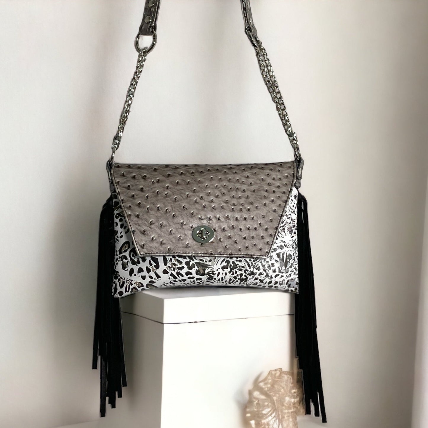 Designer Grey Ostrich & Cheetah Leather Fringe Clutch Crossbody Purse