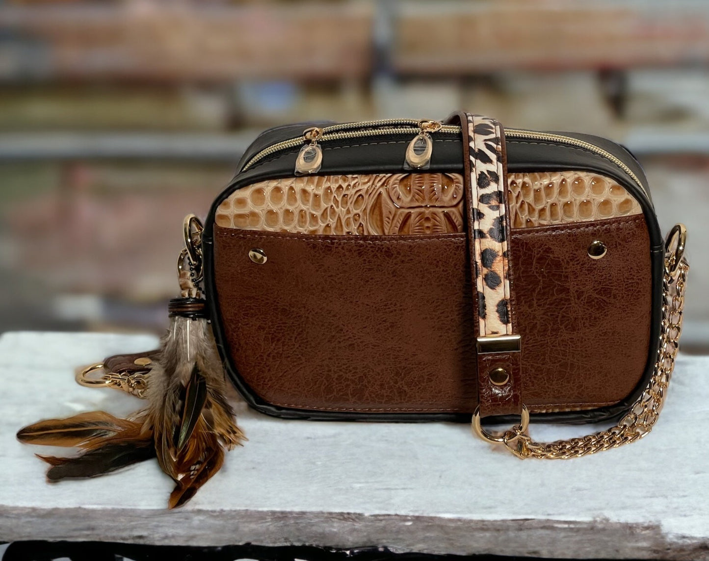 Brown, Black and Tan Designer Inspired Crossbody Camera Bag