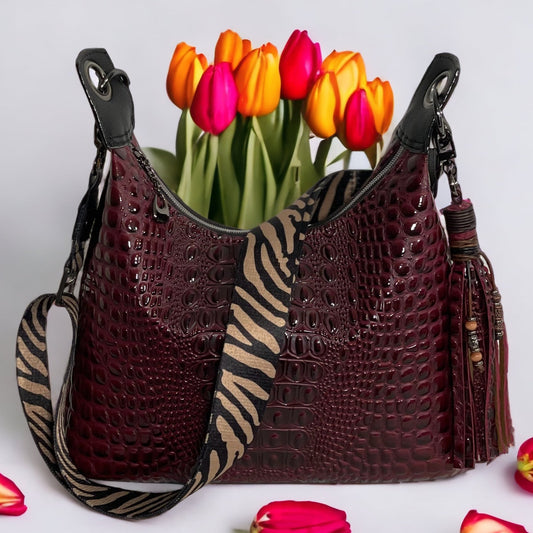 Exquisite 3D Embossed Dark Wine and Black 3D Gator Hobo Crossbody